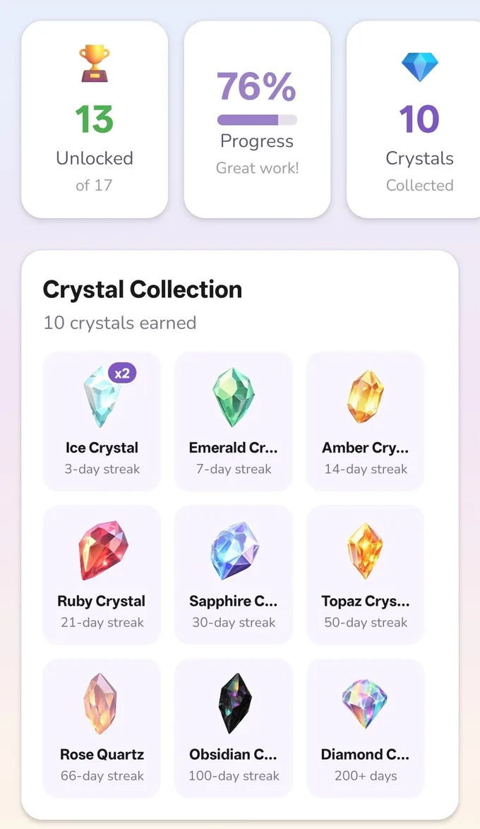 HabitVault crystal collection screen showing unlocked crystal tiers earned at streak milestones