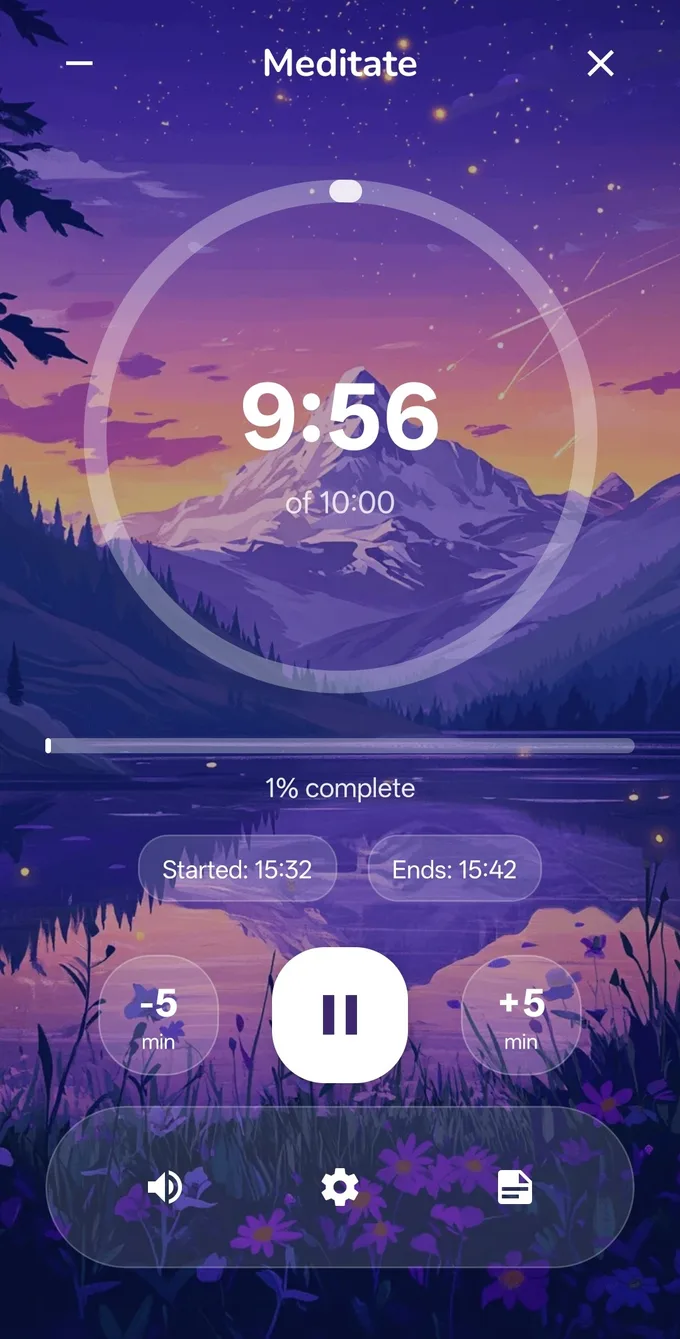 HabitVault focus mode timer counting down a meditation session over a calm mountain scene