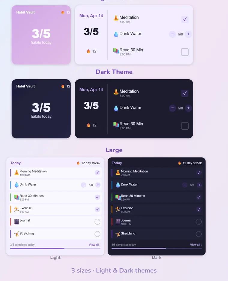 HabitVault home screen widgets in small, medium, and large sizes shown in light and dark themes